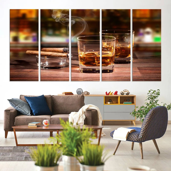 The wall art features the Whiskey Cuban Cigars Canvas Print.