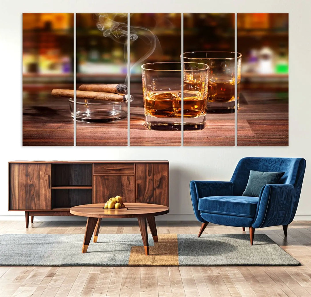 The wall art features the Whiskey Cuban Cigars Canvas Print.