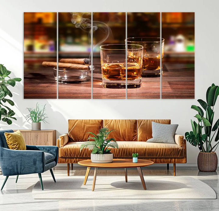 The wall art features the Whiskey Cuban Cigars Canvas Print.