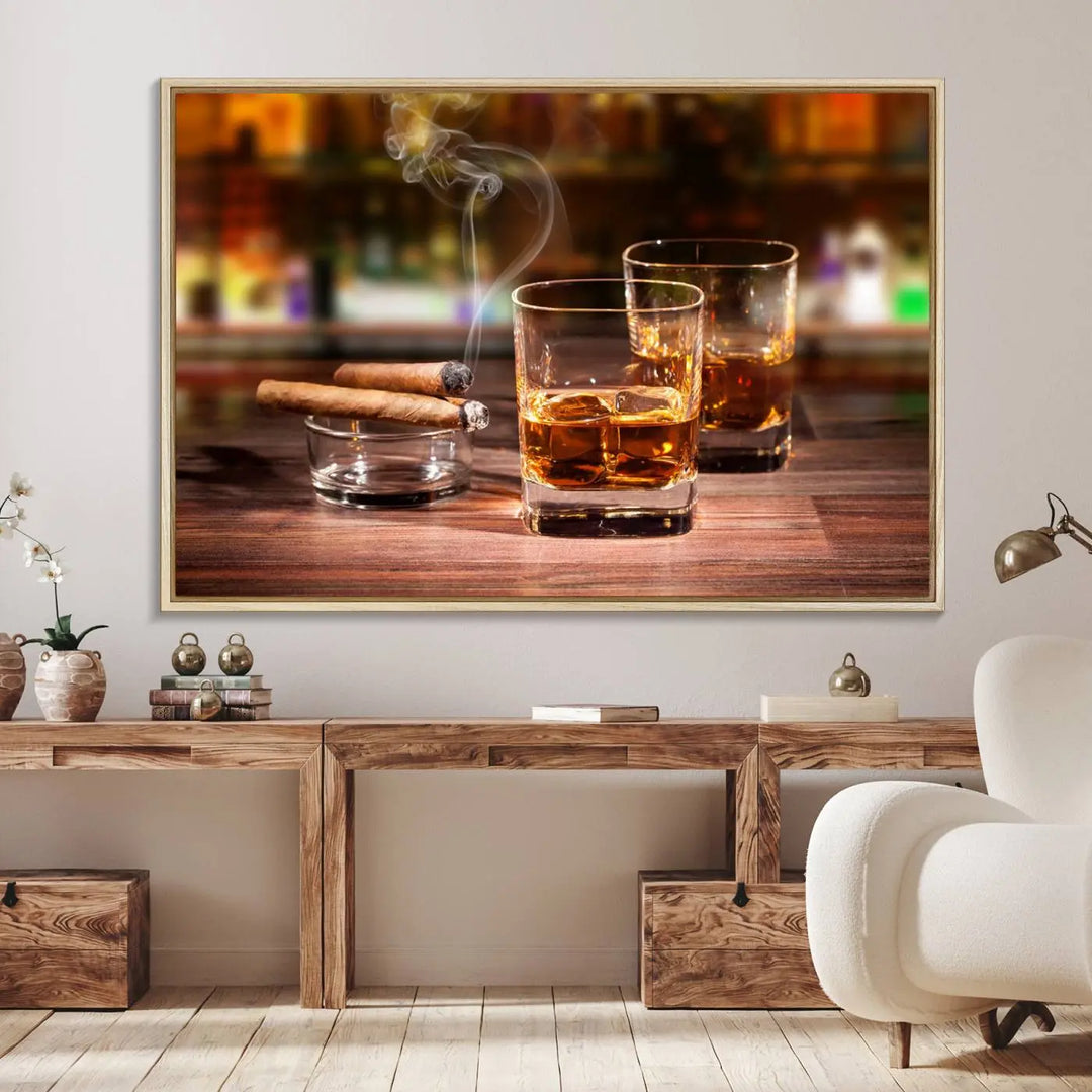 The wall art features the Whiskey Cuban Cigars Canvas Print.