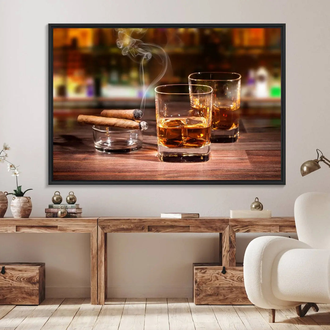 The wall art features the Whiskey Cuban Cigars Canvas Print.