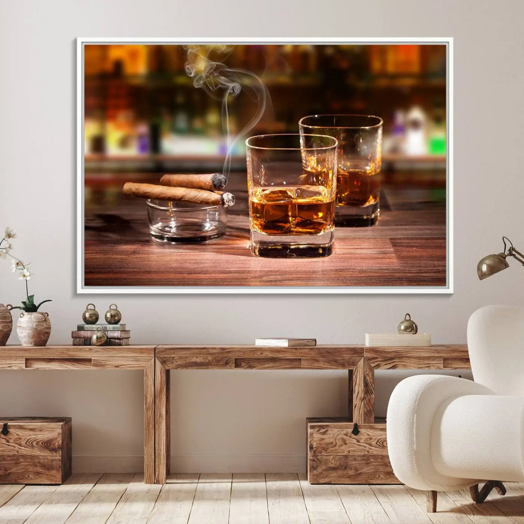 The wall art features the Whiskey Cuban Cigars Canvas Print.