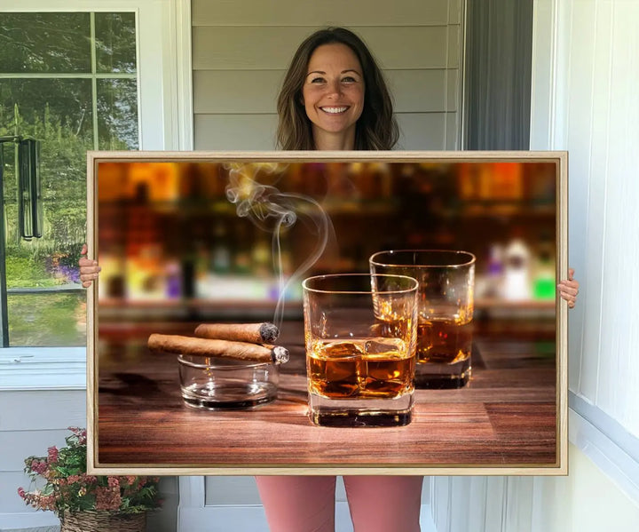 The wall art features the Whiskey Cuban Cigars Canvas Print.