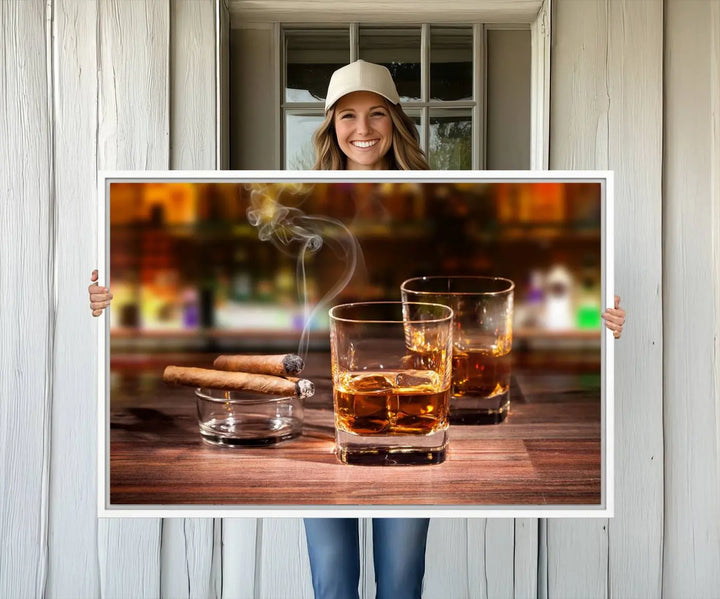 The wall art features the Whiskey Cuban Cigars Canvas Print.