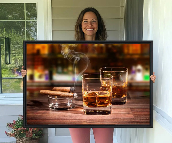 The wall art features the Whiskey Cuban Cigars Canvas Print.