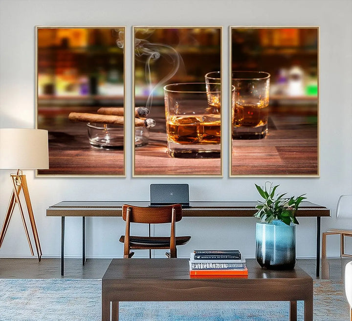 The wall art features the Whiskey Cuban Cigars Canvas Print.