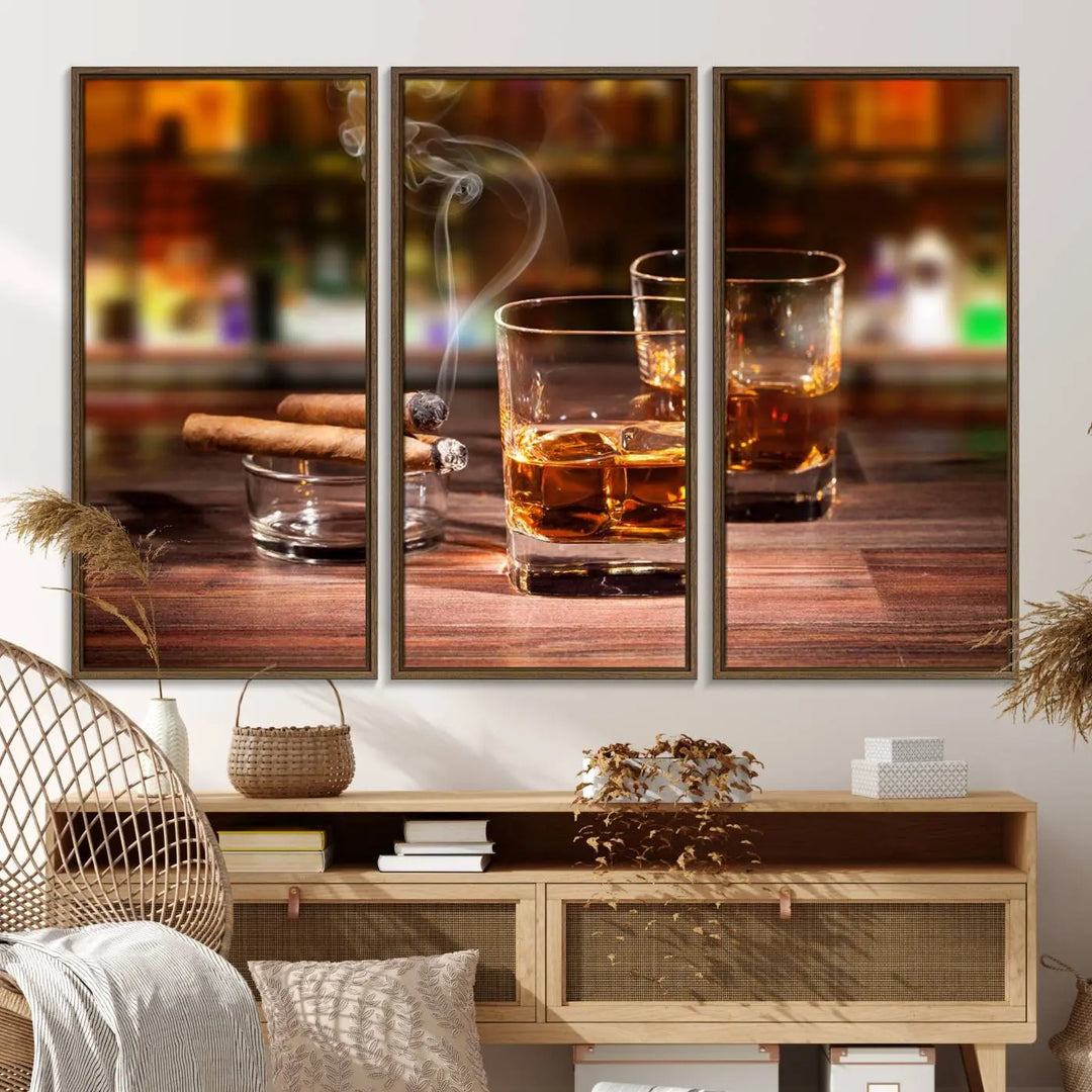 The wall art features the Whiskey Cuban Cigars Canvas Print.