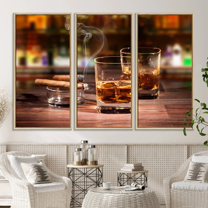 The wall art features the Whiskey Cuban Cigars Canvas Print.