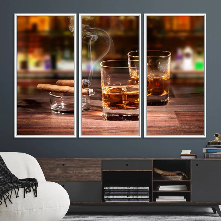 The wall art features the Whiskey Cuban Cigars Canvas Print.