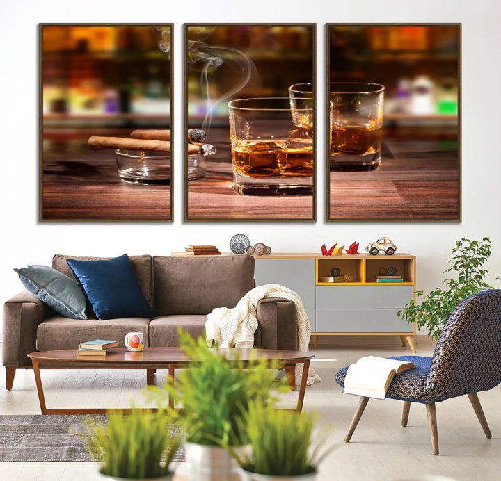 The wall art features the Whiskey Cuban Cigars Canvas Print.