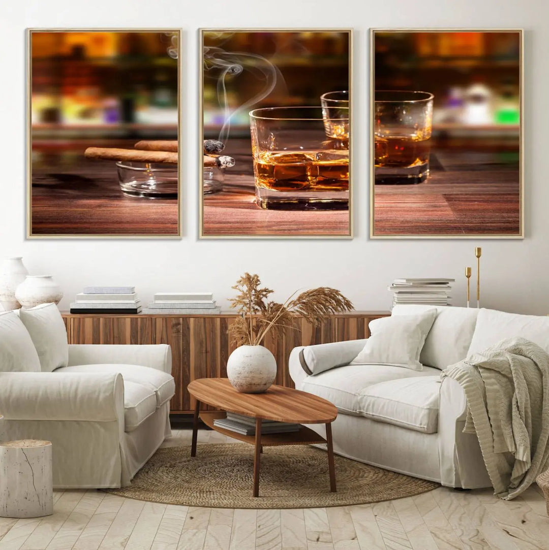 The wall art features the Whiskey Cuban Cigars Canvas Print.