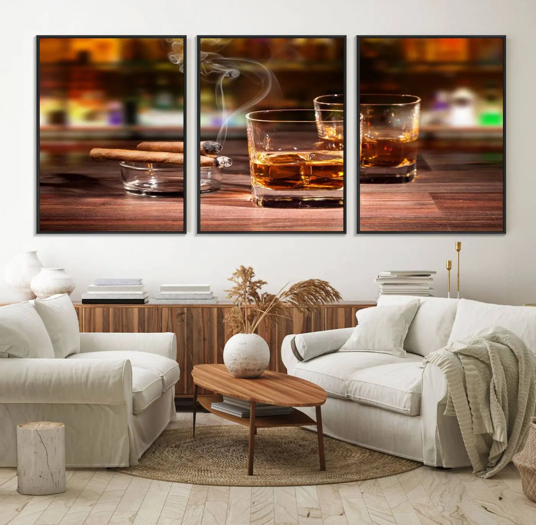 The wall art features the Whiskey Cuban Cigars Canvas Print.