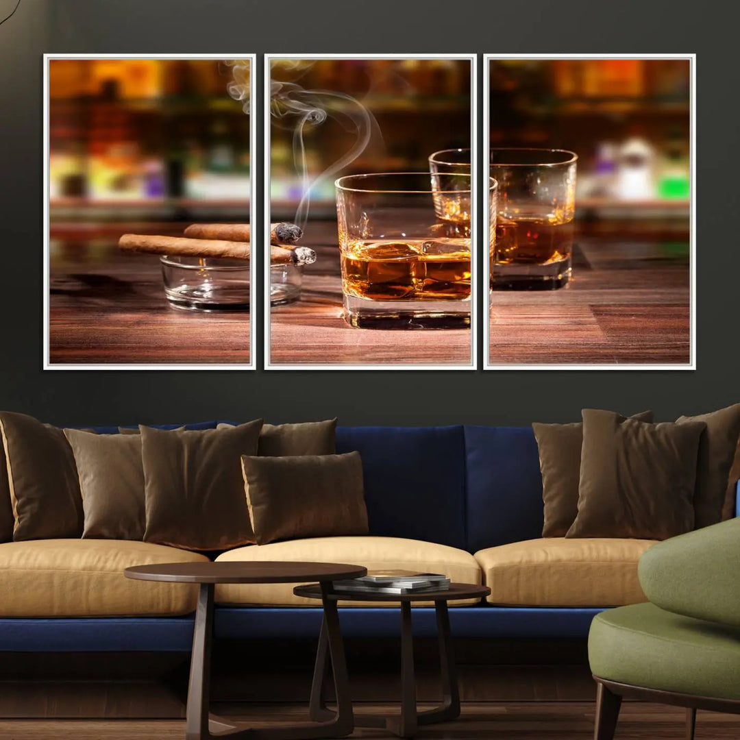 The wall art features the Whiskey Cuban Cigars Canvas Print.