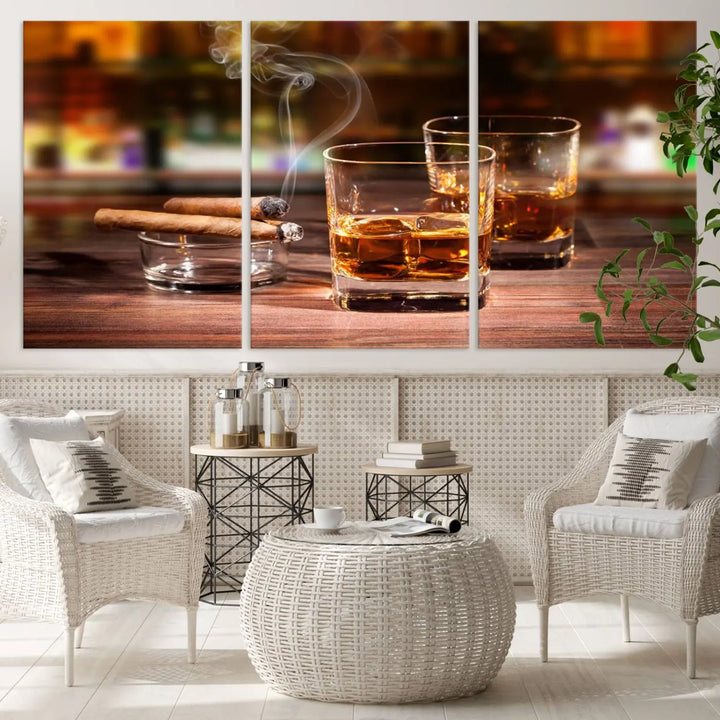 The Whiskey Cuban Cigars Canvas Print is a triptych wall art set that showcases two cigars and whiskey glasses on a wooden table. It is printed on museum-quality canvases with a UV-protective coating, designed for easy hanging.