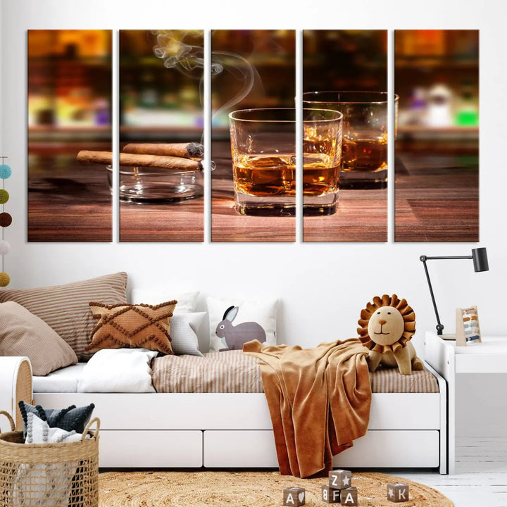 The Whiskey Cuban Cigars Canvas Print is a triptych wall art set that showcases two cigars and whiskey glasses on a wooden table. It is printed on museum-quality canvases with a UV-protective coating, designed for easy hanging.