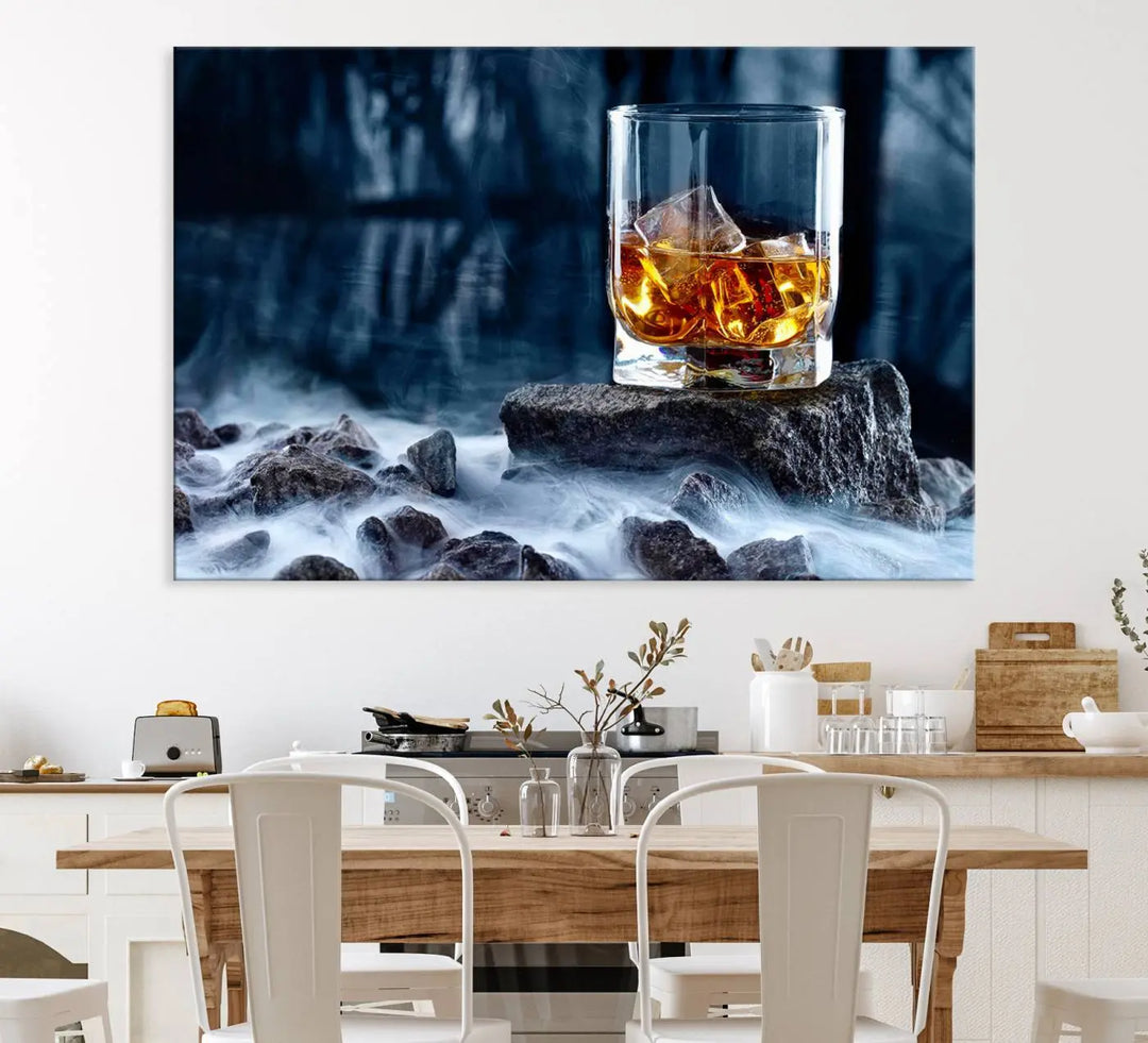 Whiskey Ice Wall Art Canvas Print adorns the wall.