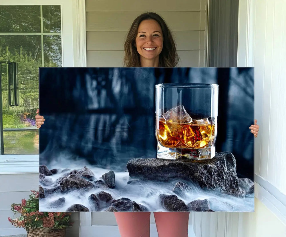 Whiskey Ice Wall Art Canvas Print adorns the wall.