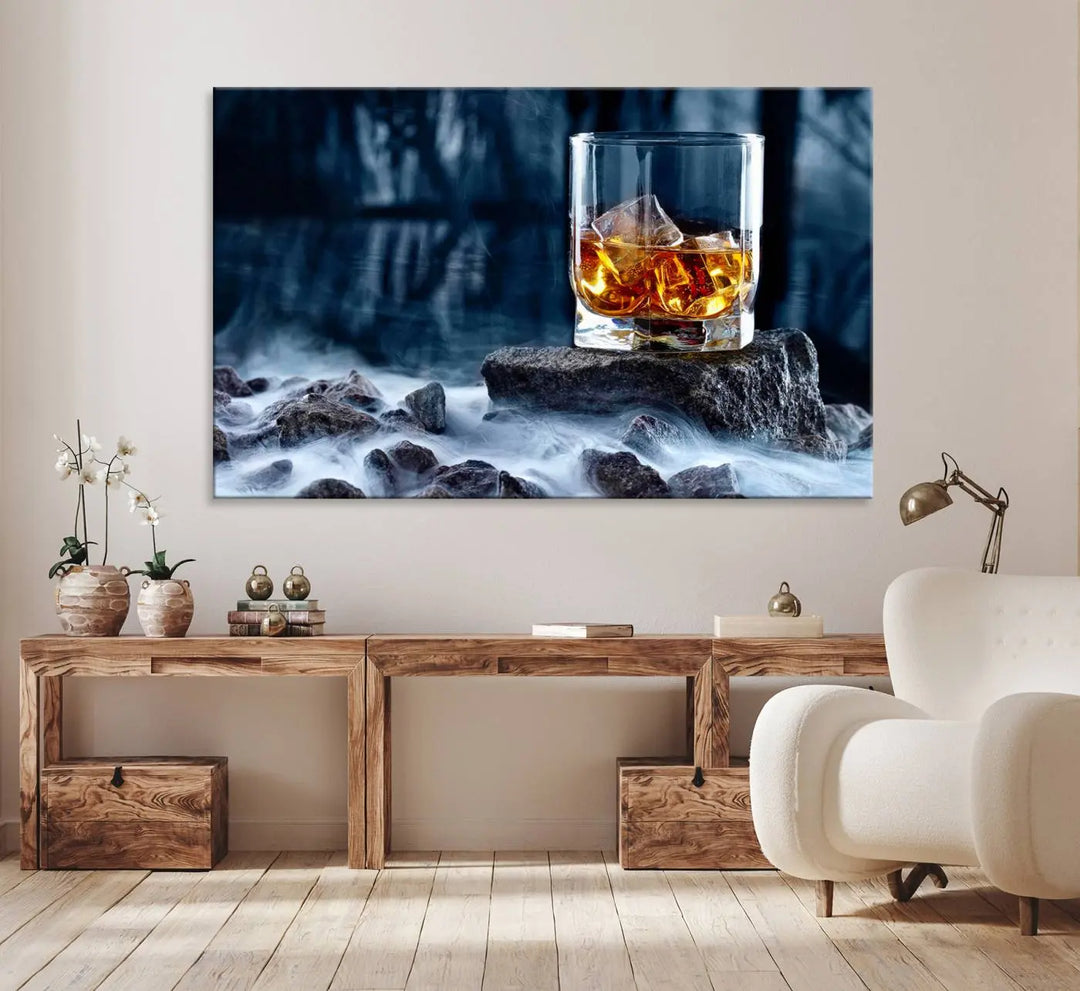 Whiskey Ice Wall Art Canvas Print adorns the wall.