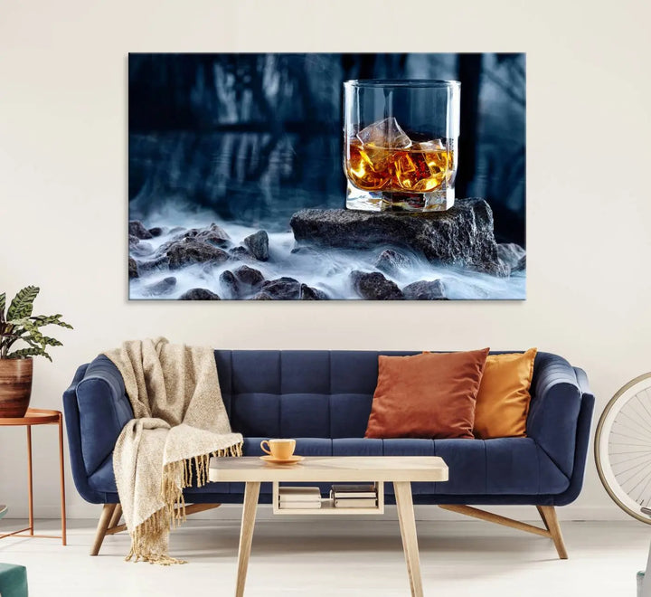 Whiskey Ice Wall Art Canvas Print adorns the wall.