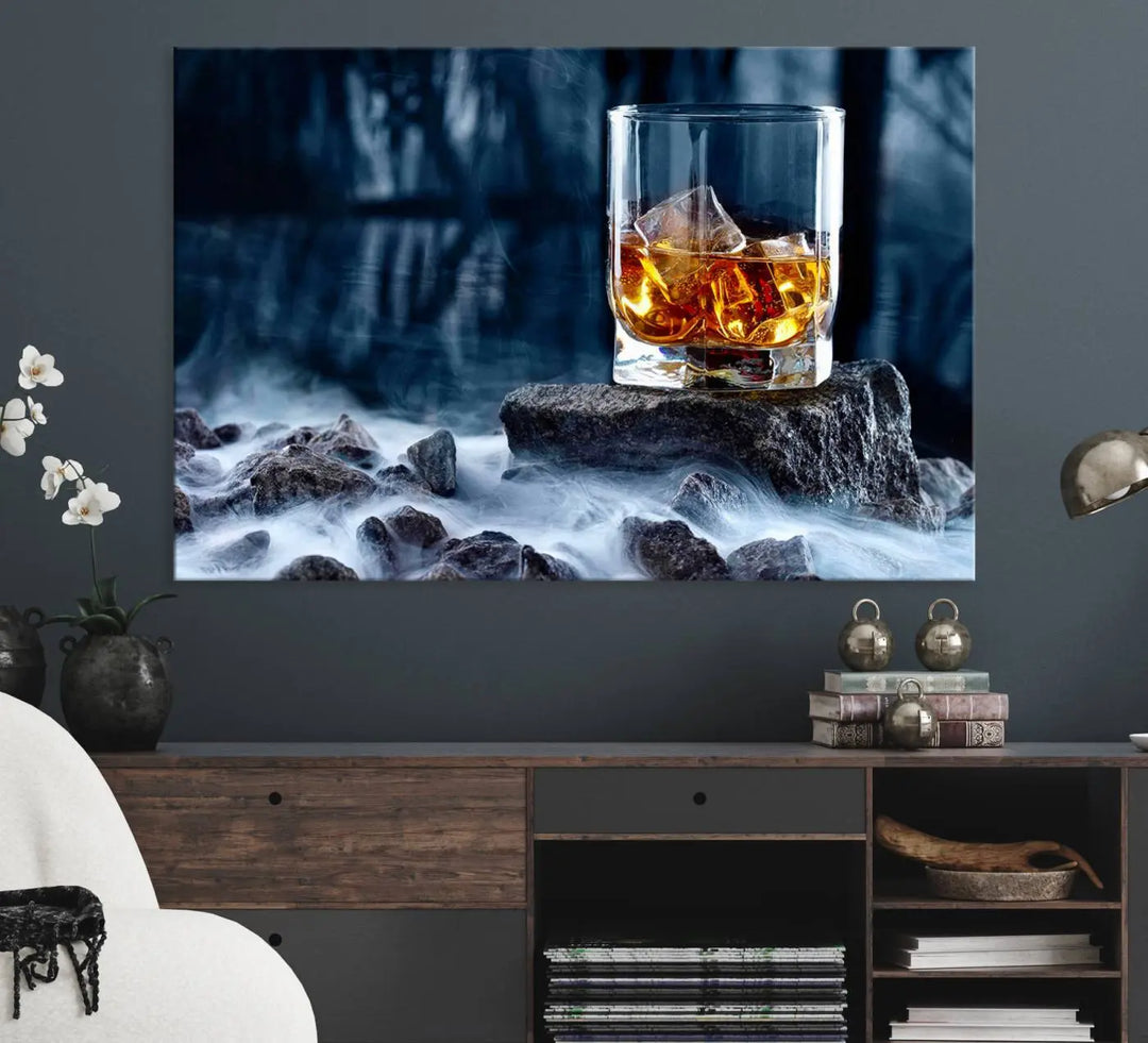 Whiskey Ice Wall Art Canvas Print adorns the wall.