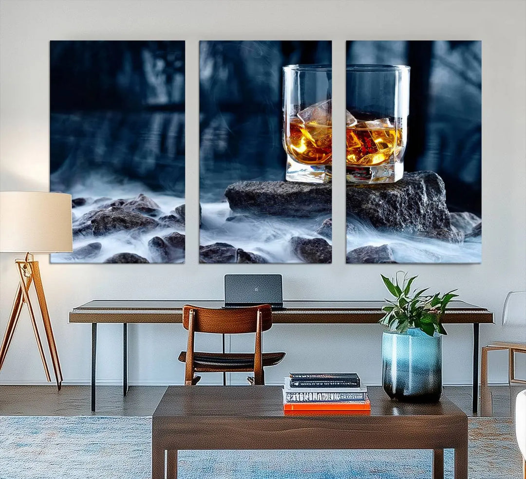 Whiskey Ice Wall Art Canvas Print adorns the wall.