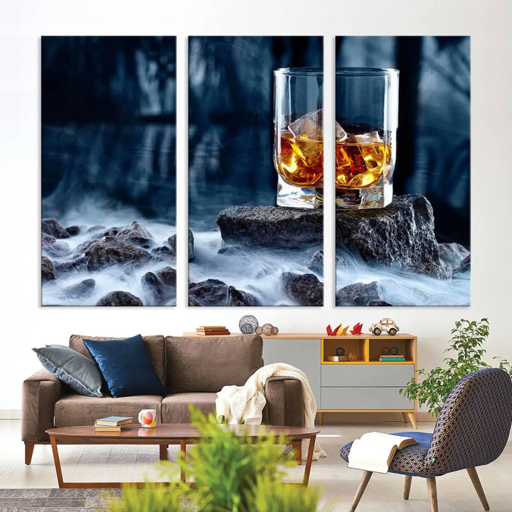 Whiskey Ice Wall Art Canvas Print adorns the wall.