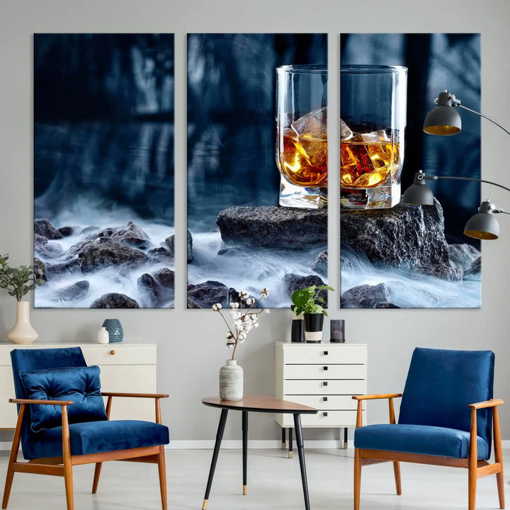 Whiskey Ice Wall Art Canvas Print adorns the wall.