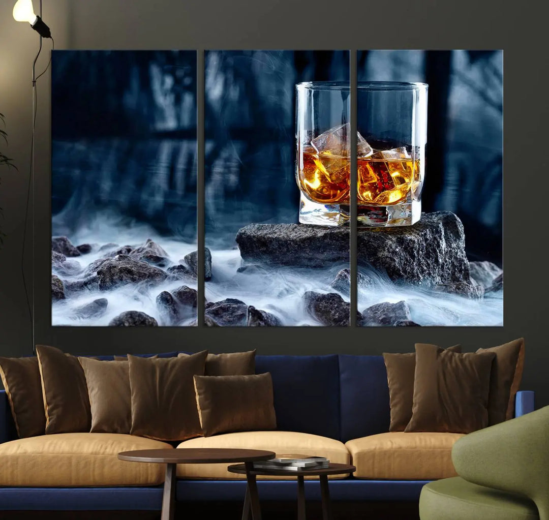 Whiskey Ice Wall Art Canvas Print adorns the wall.