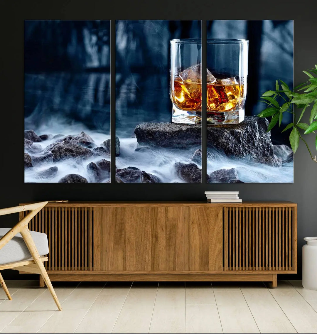 Whiskey Ice Wall Art Canvas Print adorns the wall.