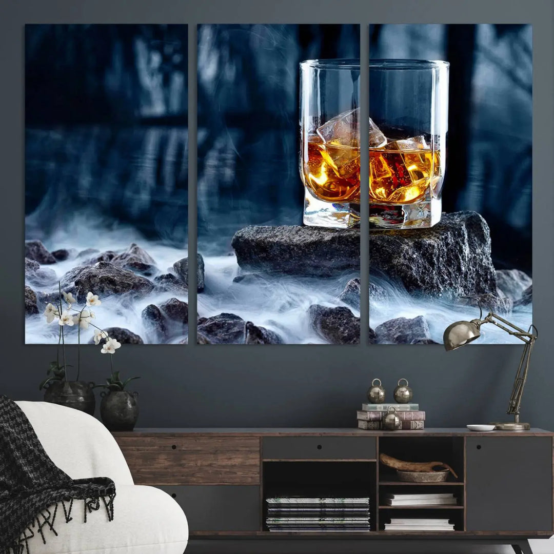 Whiskey Ice Wall Art Canvas Print adorns the wall.