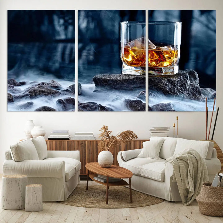 Whiskey Ice Wall Art Canvas Print adorns the wall.