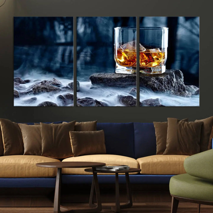 Whiskey Ice Wall Art Canvas Print adorns the wall.