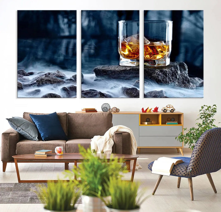 Whiskey Ice Wall Art Canvas Print adorns the wall.