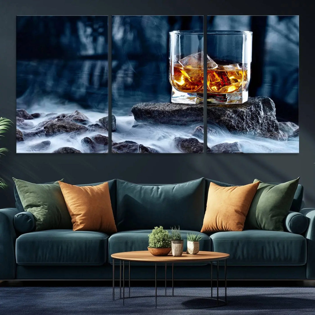 Whiskey Ice Wall Art Canvas Print adorns the wall.