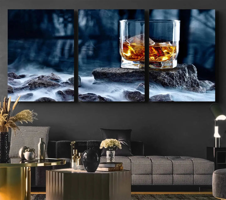 Whiskey Ice Wall Art Canvas Print adorns the wall.