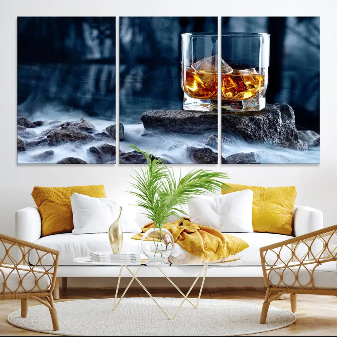 Whiskey Ice Wall Art Canvas Print adorns the wall.