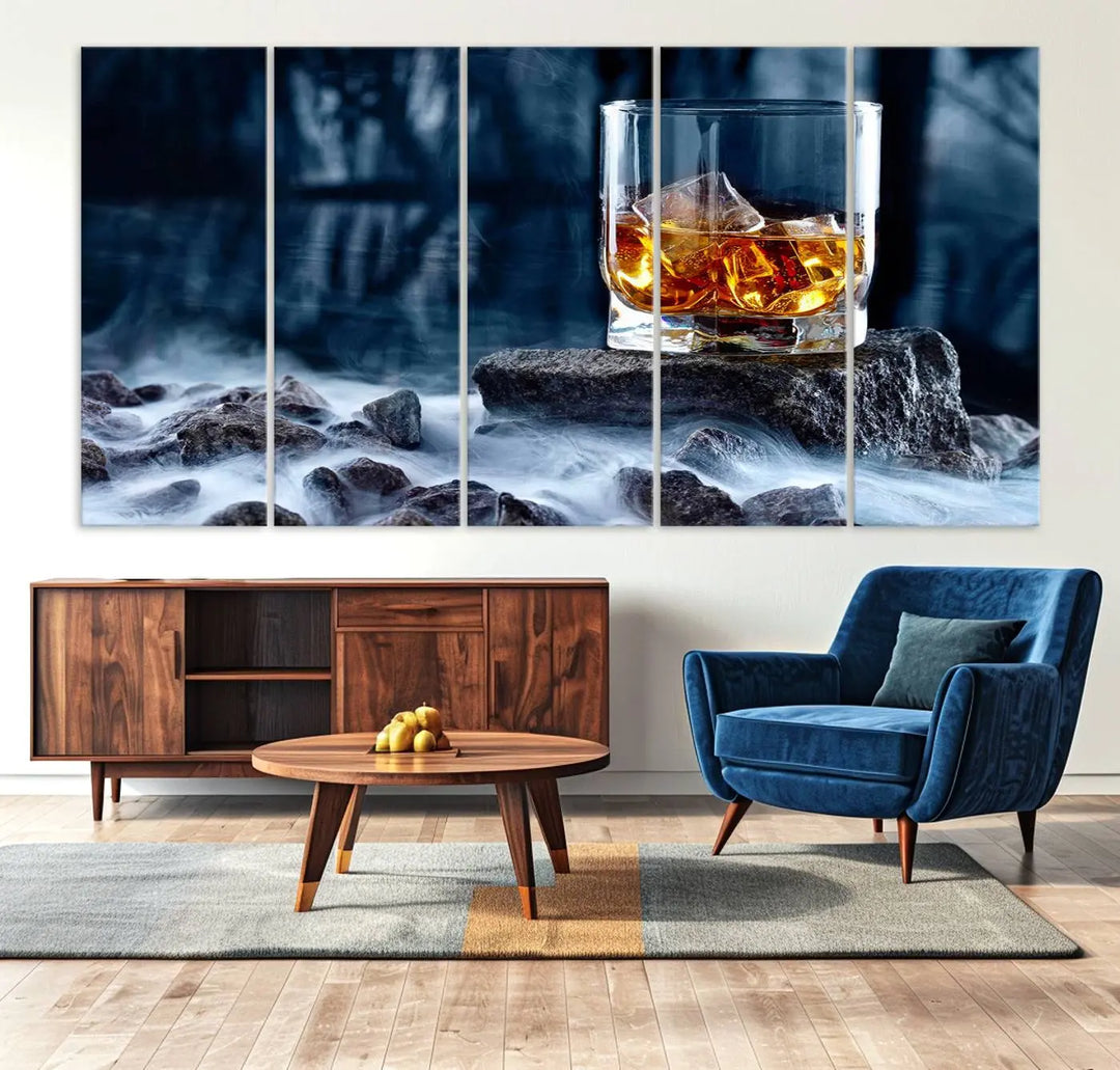 Whiskey Ice Wall Art Canvas Print adorns the wall.