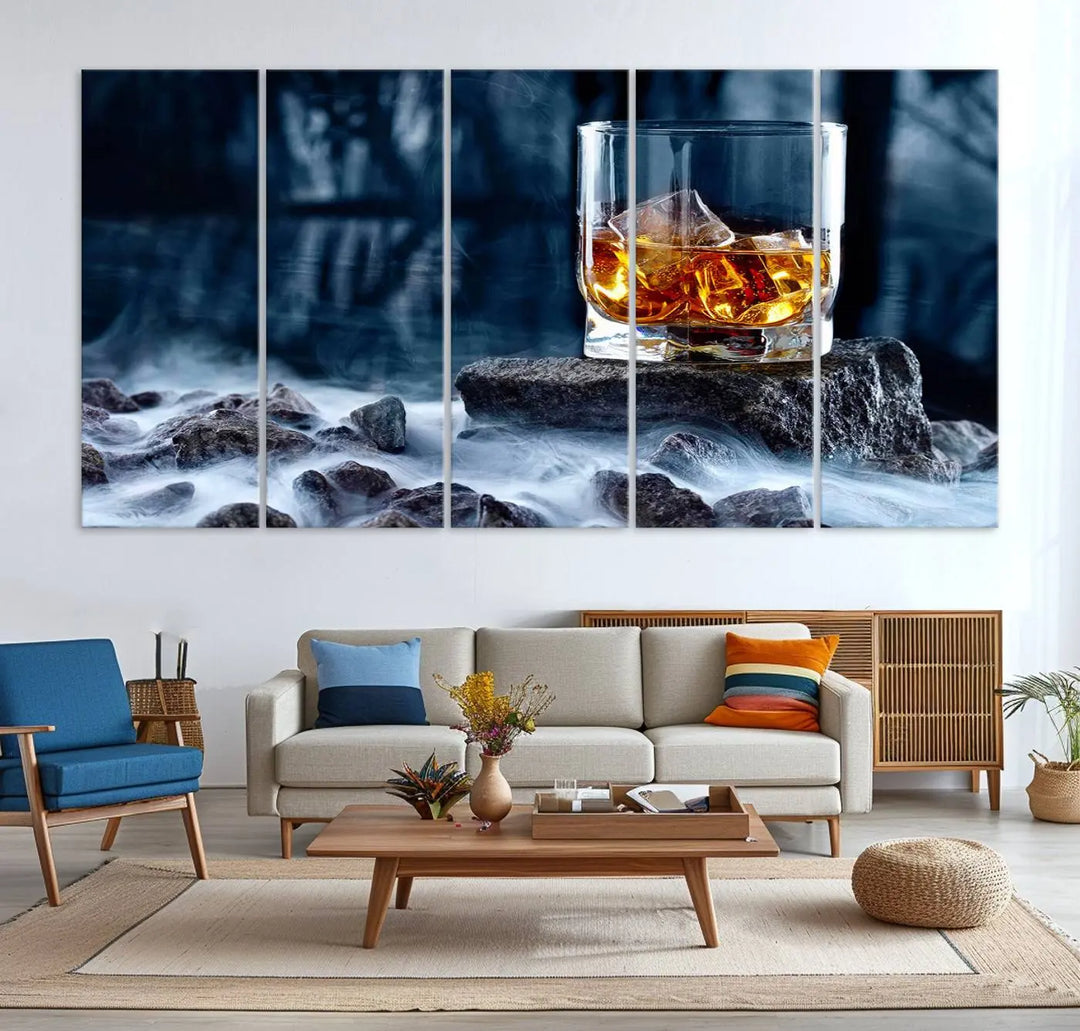 Whiskey Ice Wall Art Canvas Print adorns the wall.