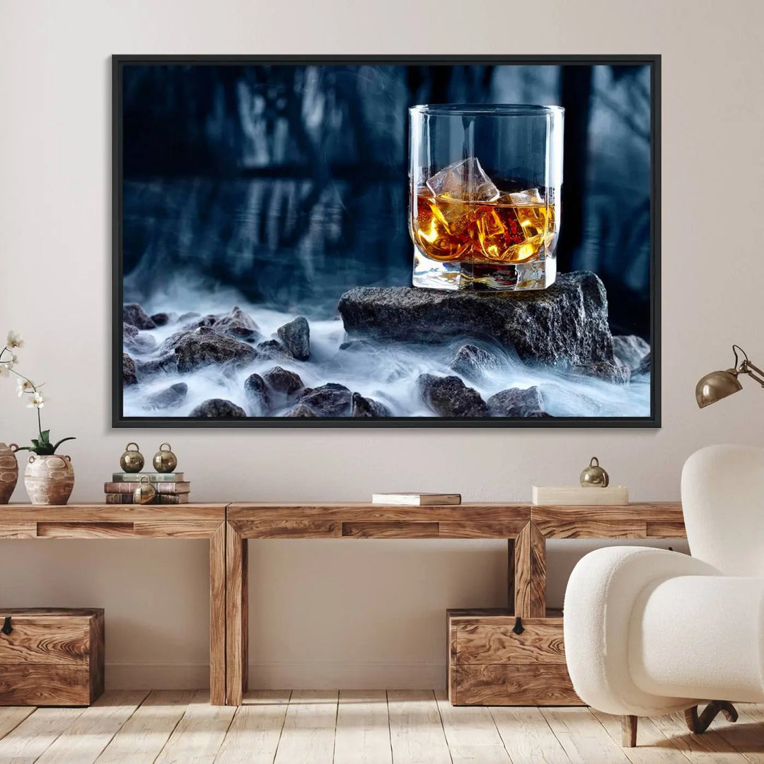 Whiskey Ice Wall Art Canvas Print adorns the wall.