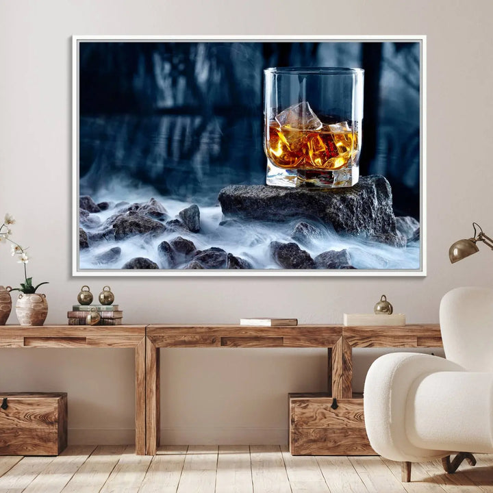 Whiskey Ice Wall Art Canvas Print adorns the wall.