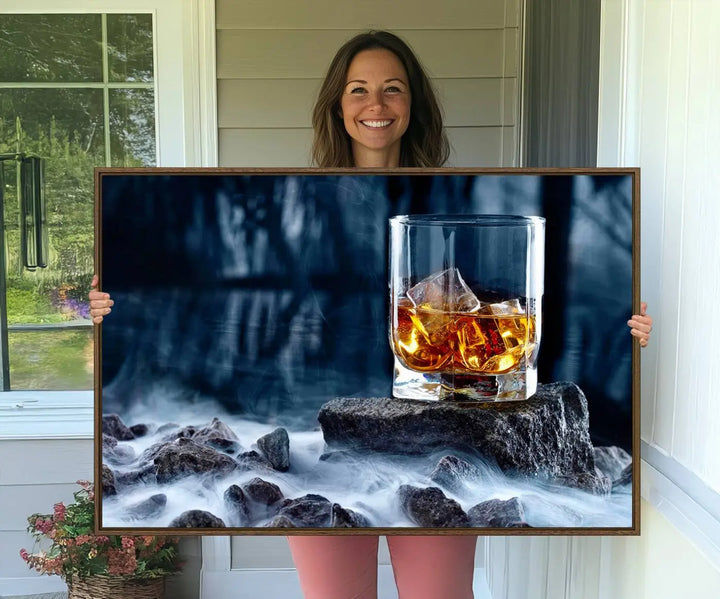 Whiskey Ice Wall Art Canvas Print adorns the wall.