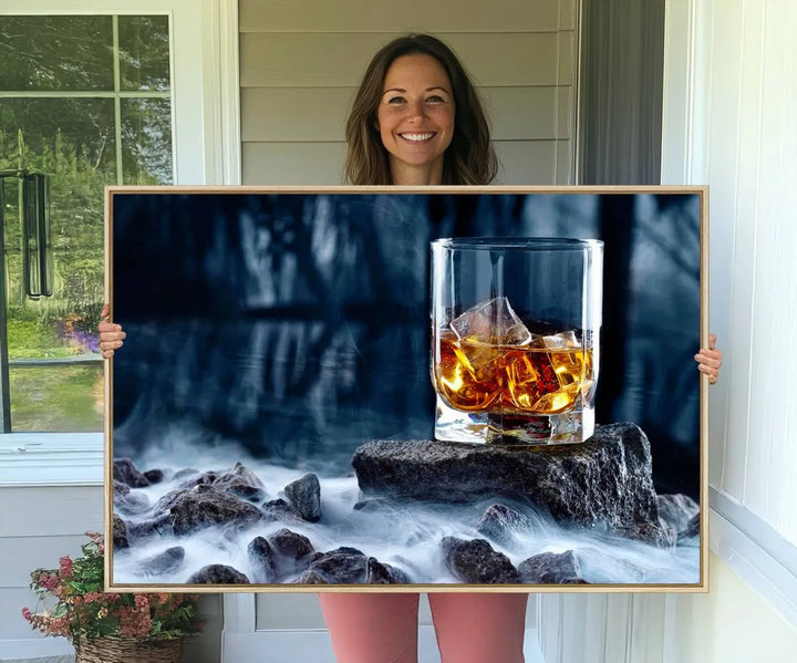 Whiskey Ice Wall Art Canvas Print adorns the wall.