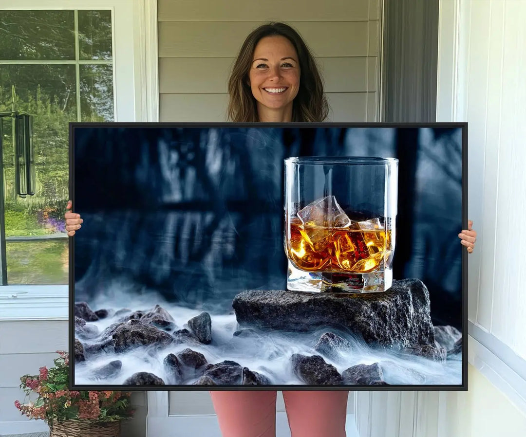 Whiskey Ice Wall Art Canvas Print adorns the wall.