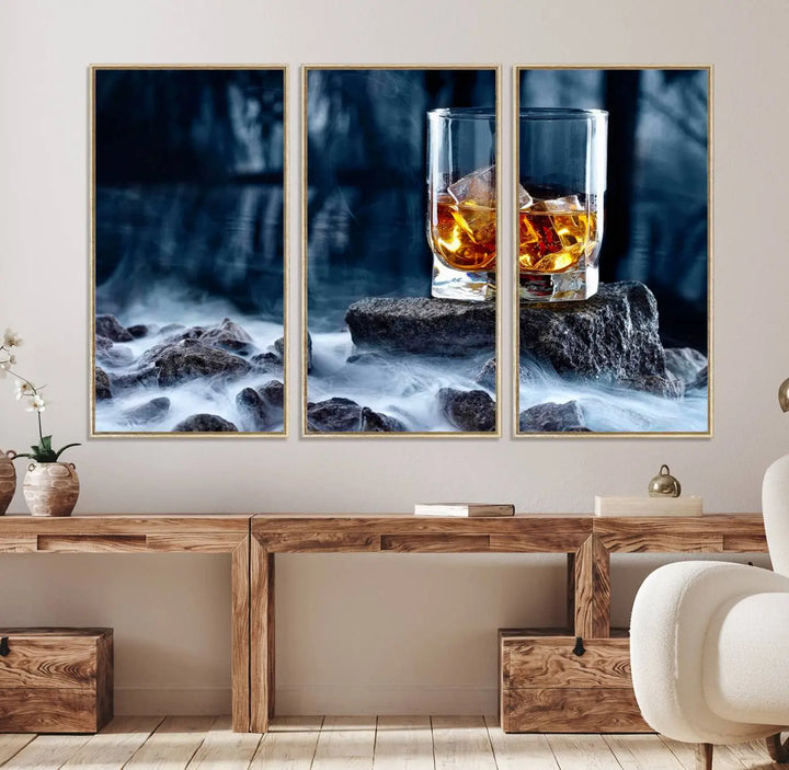 Whiskey Ice Wall Art Canvas Print adorns the wall.