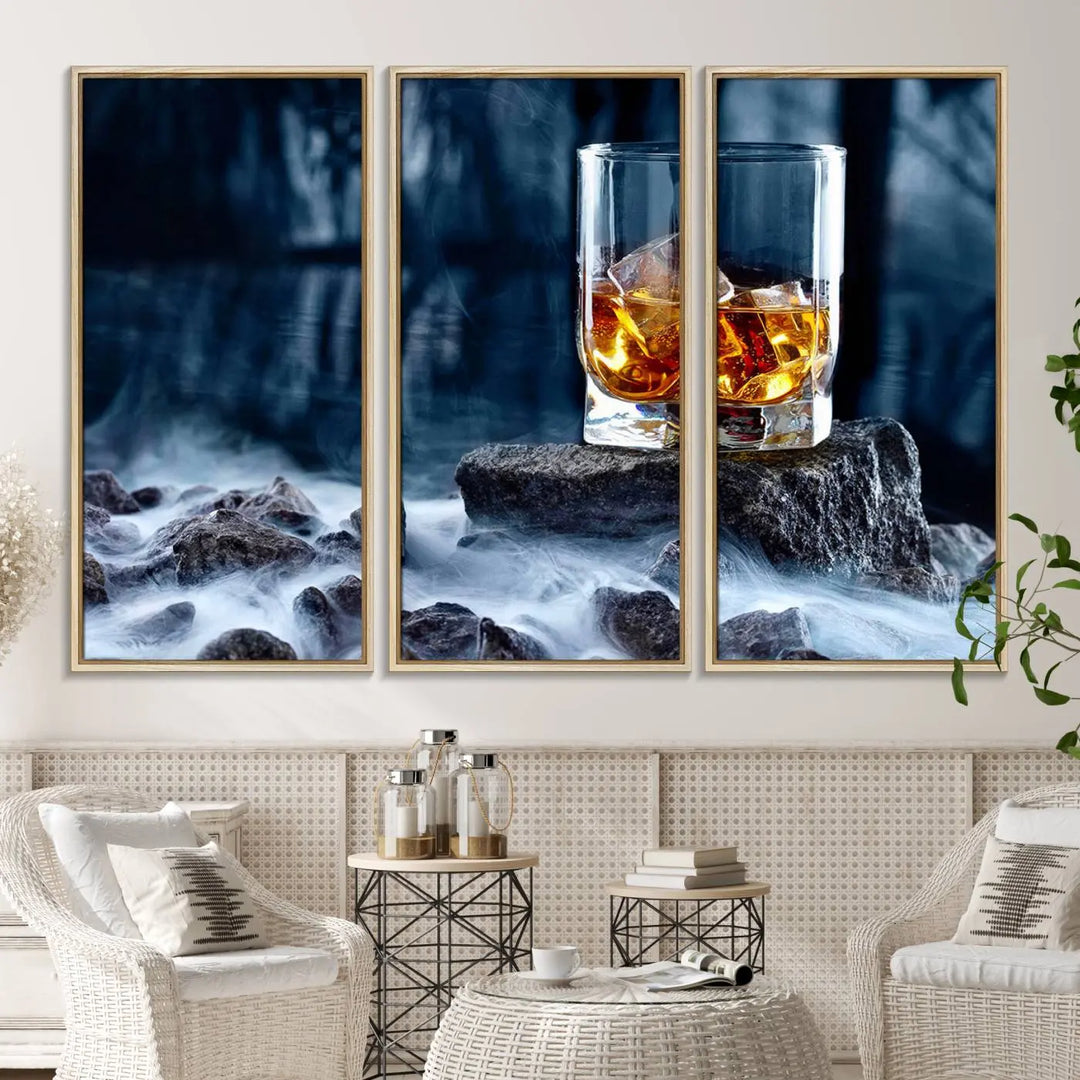 Whiskey Ice Wall Art Canvas Print adorns the wall.