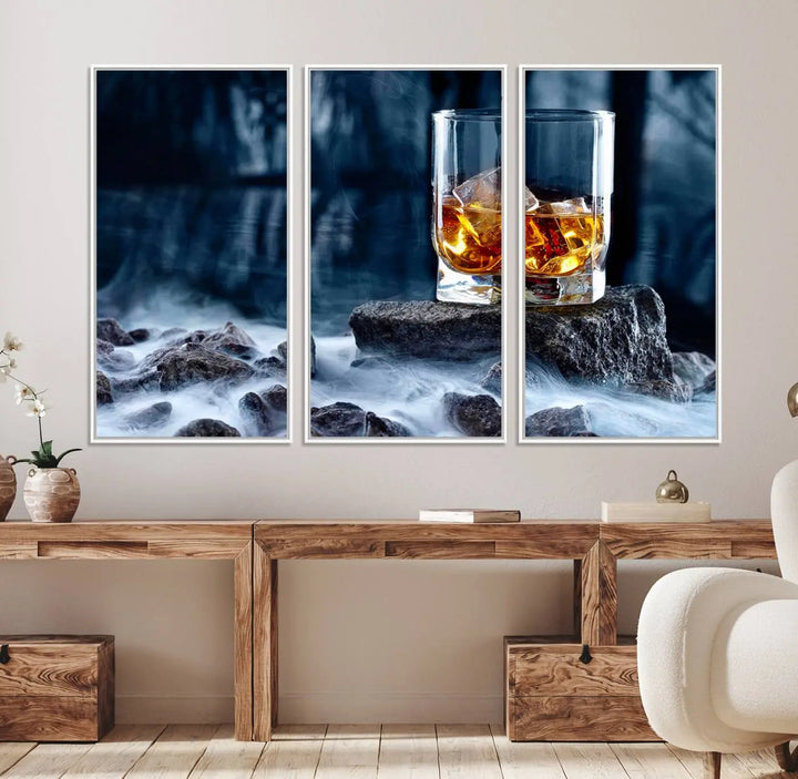 Whiskey Ice Wall Art Canvas Print adorns the wall.