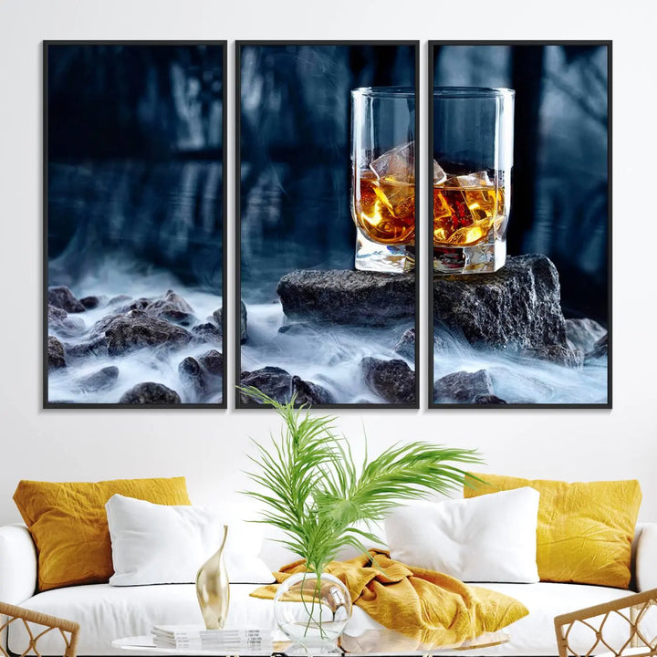 Whiskey Ice Wall Art Canvas Print adorns the wall.