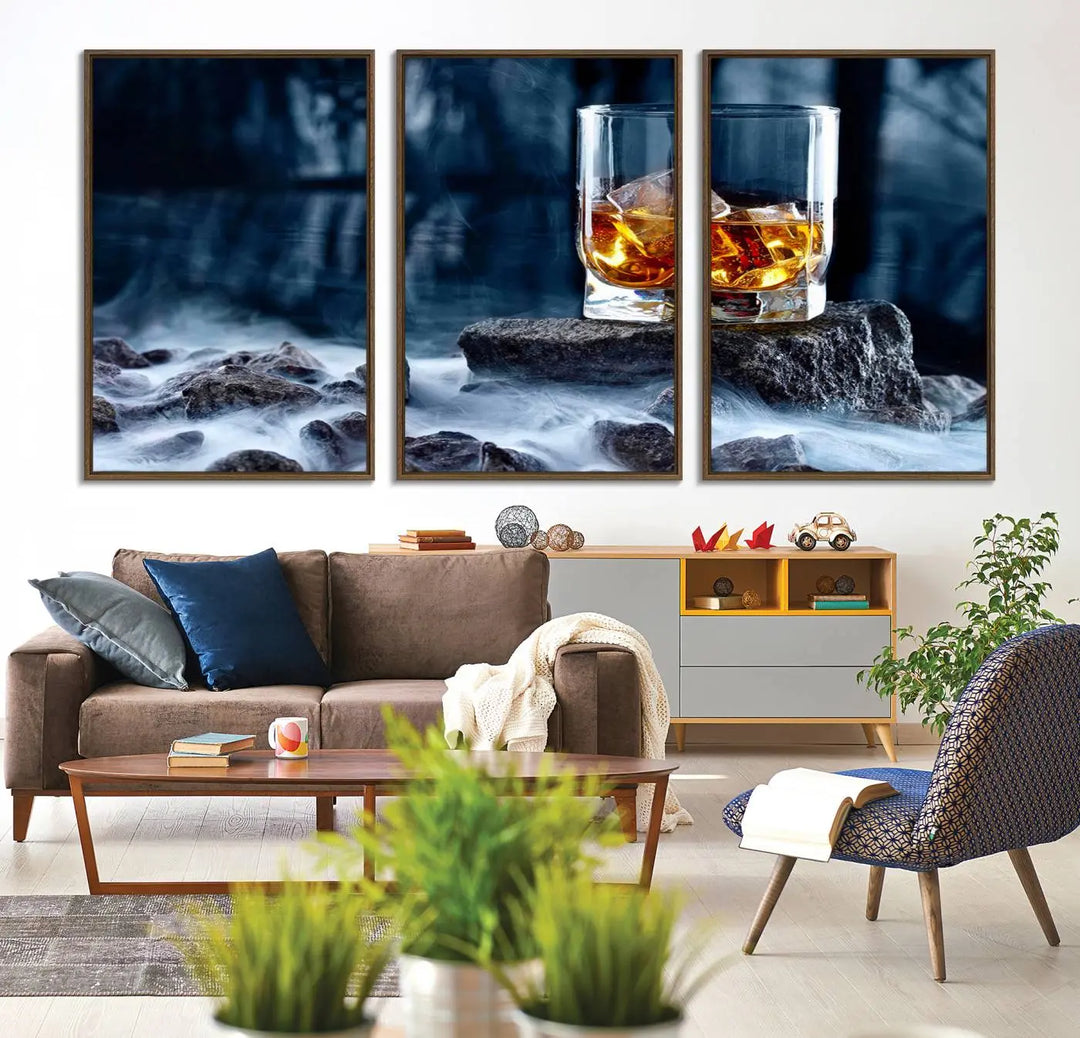 Whiskey Ice Wall Art Canvas Print adorns the wall.