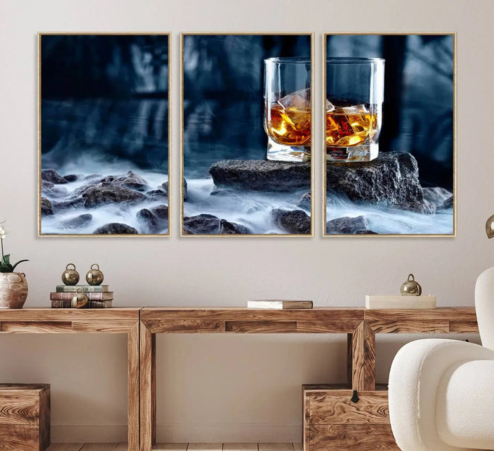 Whiskey Ice Wall Art Canvas Print adorns the wall.