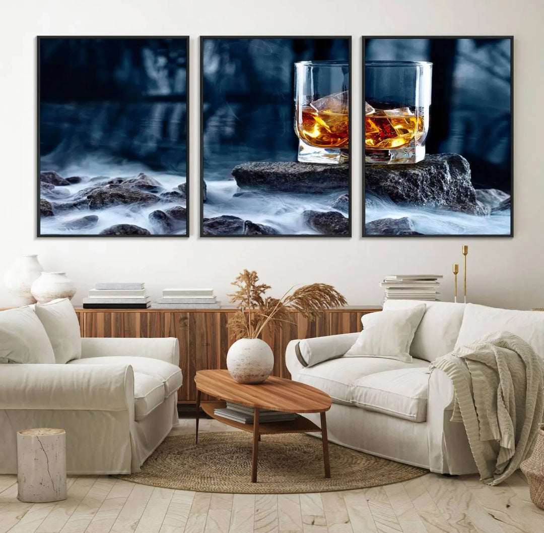 Whiskey Ice Wall Art Canvas Print adorns the wall.